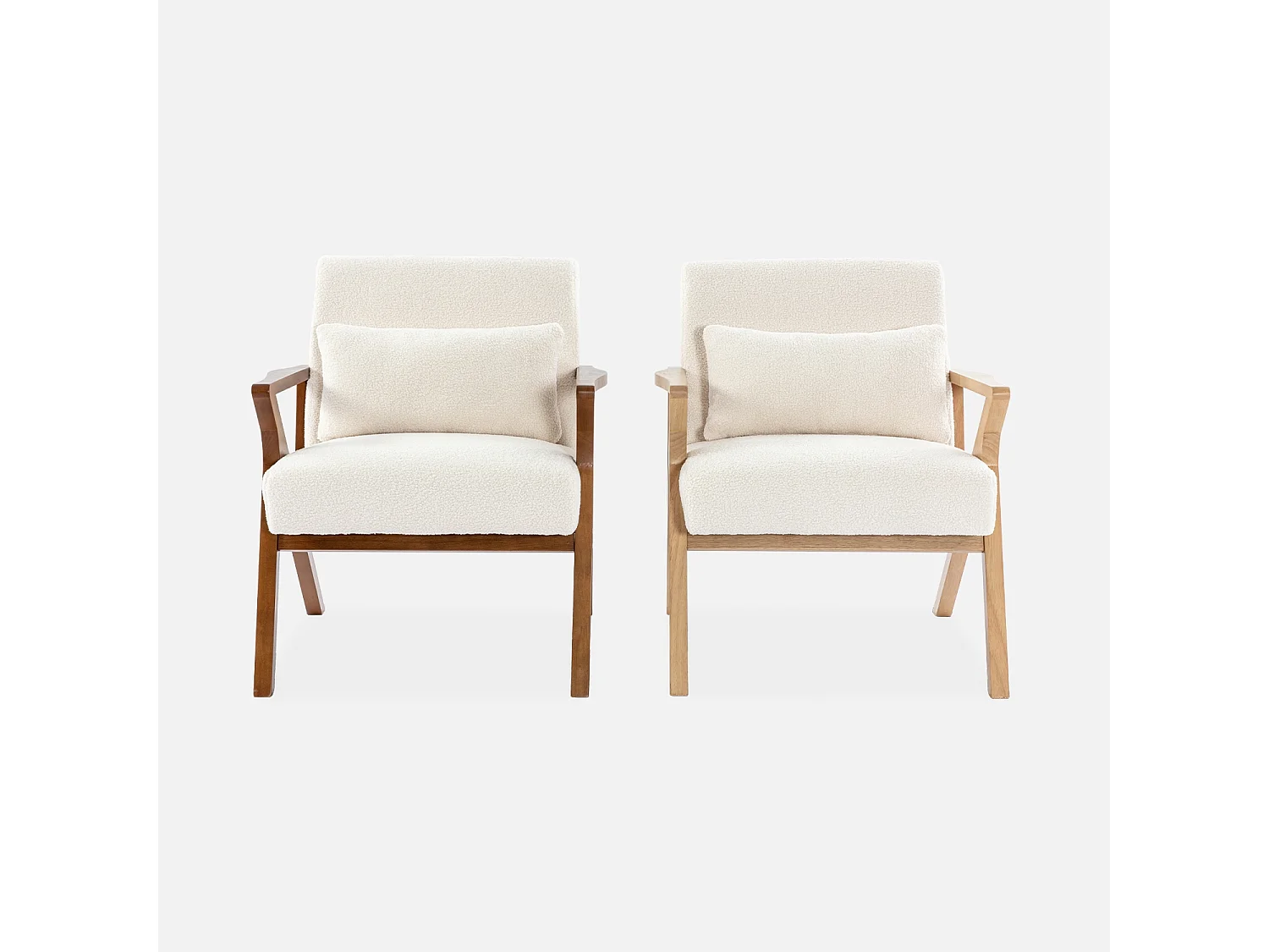 Poltrona scandinava in legno di hevea e bouclé, bianco