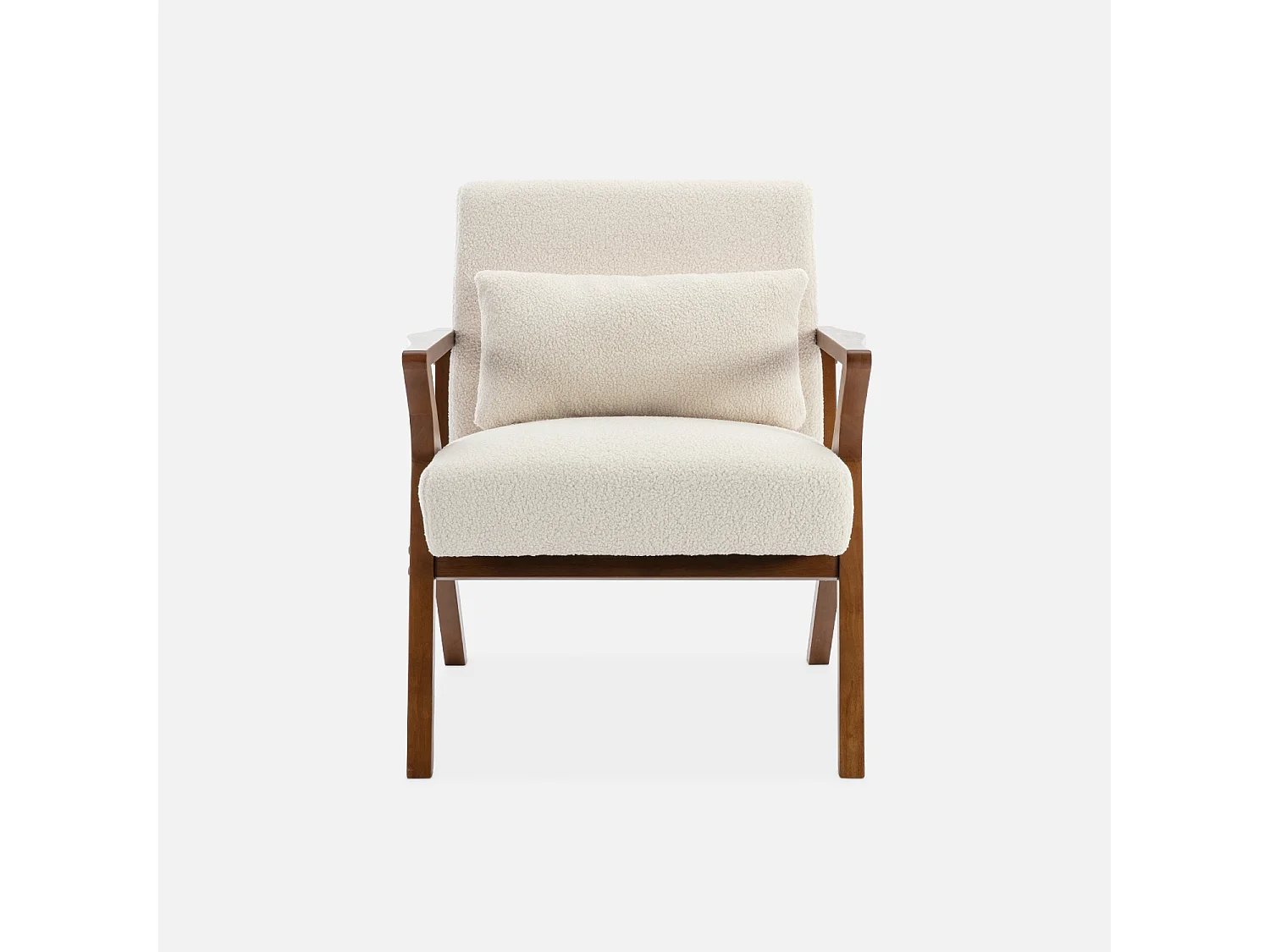 Poltrona scandinava in legno di hevea e bouclé, bianco
