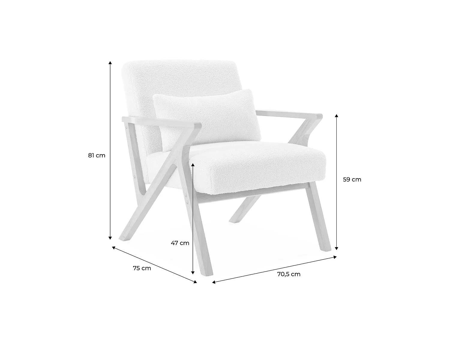 Poltrona scandinava in legno di hevea e bouclé, bianco