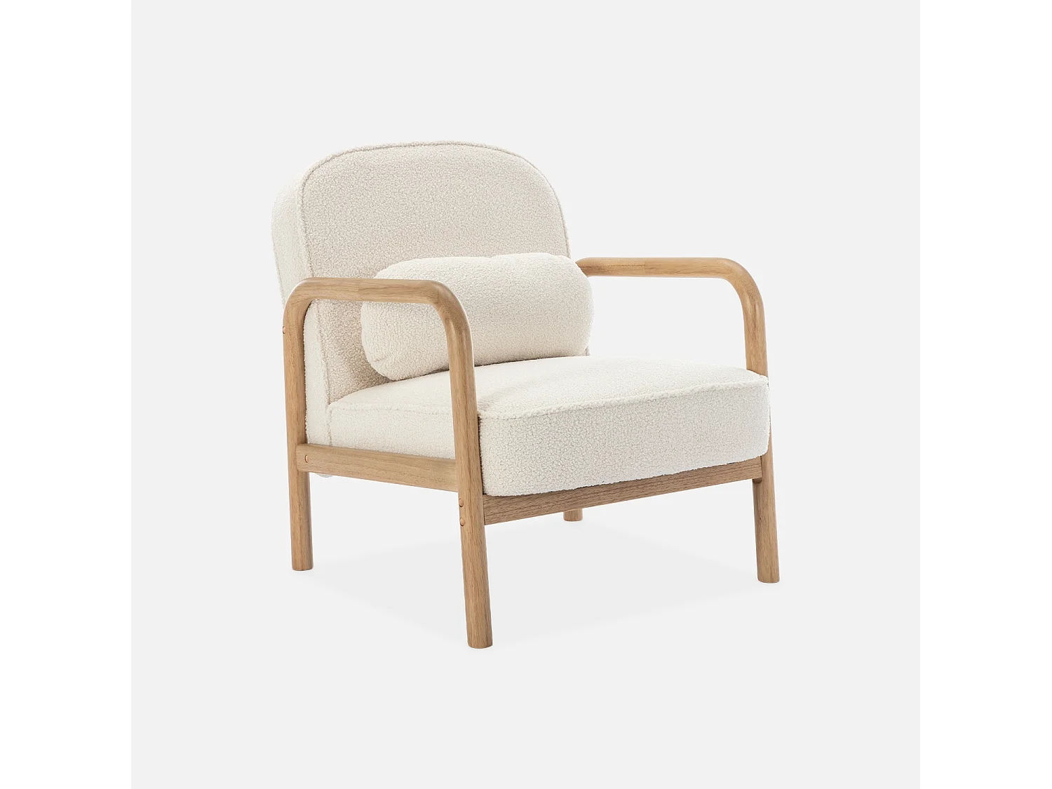 Sillón escandinavo de madera de hevea y borreguito crema