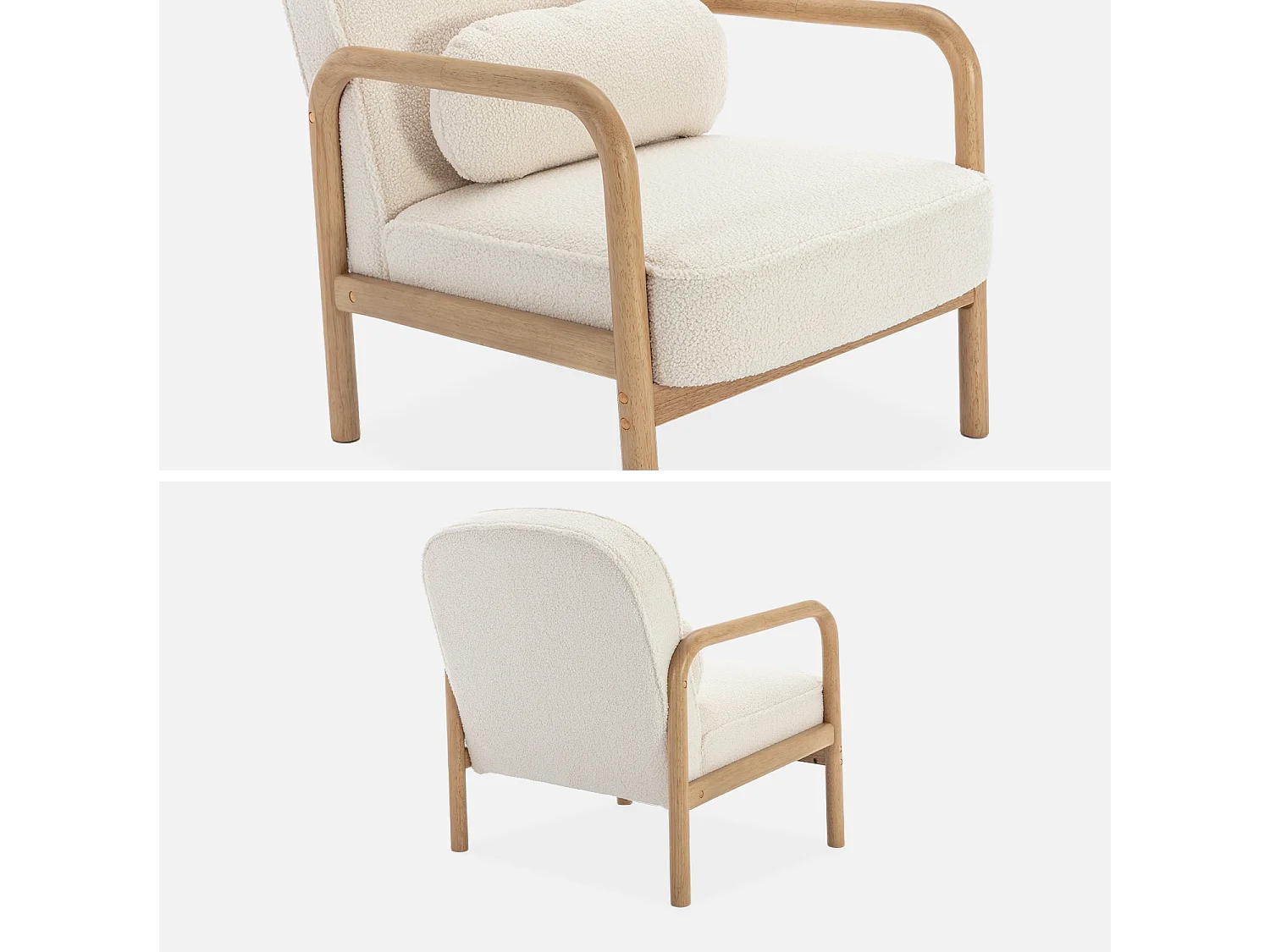Sillón escandinavo de madera de hevea y borreguito crema