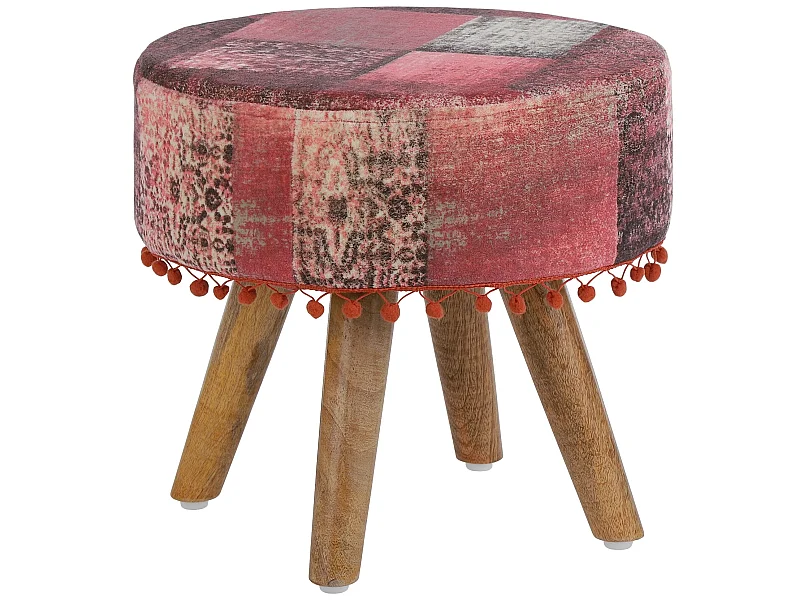 WOMO-DESIGN Sgabello imbottito 38 x 36 cm rosso rotondo con gambe in legno pouf basso poggiapiedi, sedia decorativa per soggiorno, salotto e ingresso