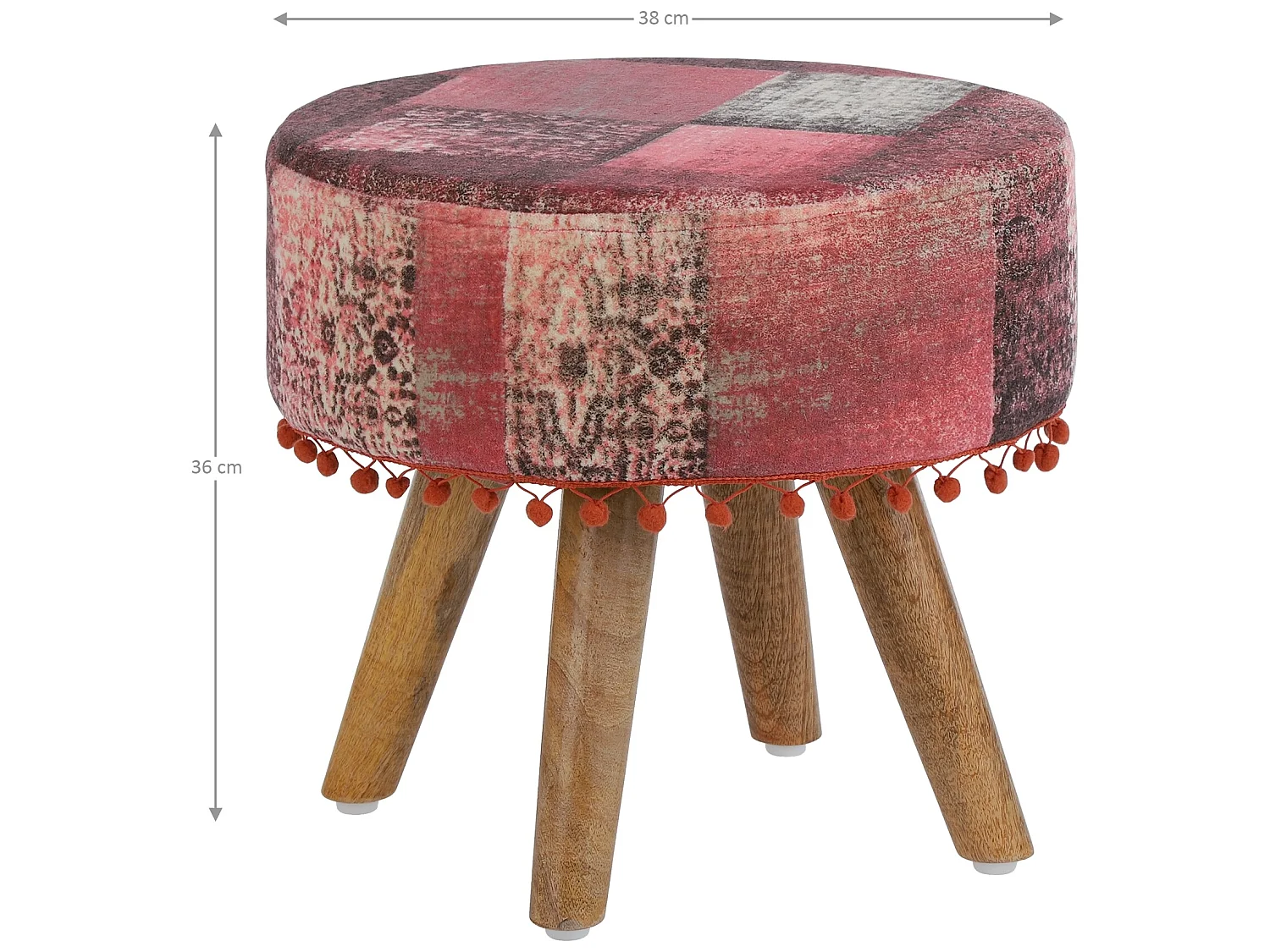 WOMO-DESIGN Sgabello imbottito 38 x 36 cm rosso rotondo con gambe in legno pouf basso poggiapiedi, sedia decorativa per soggiorno, salotto e ingresso