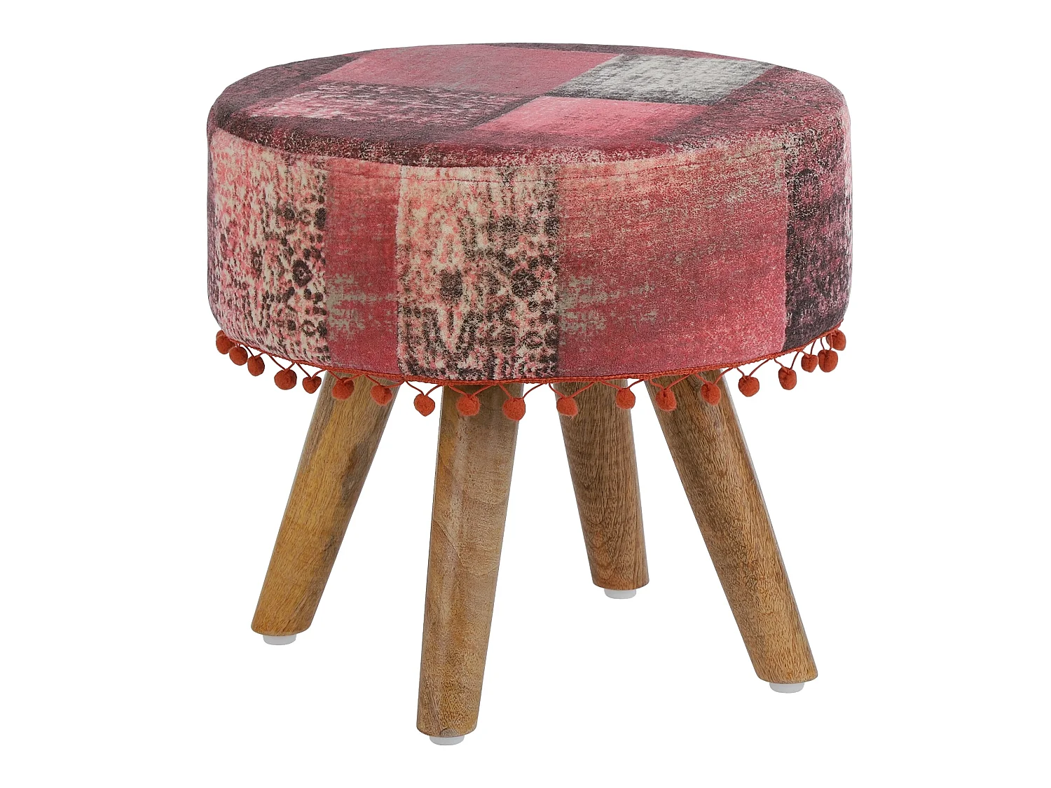 Pouf Pamplona 38x36cm rouge ronde rembourré tissu pieds bois style bohème siège d’intérieur repose-pieds coussin d’assise ottomane tabouret décoratif