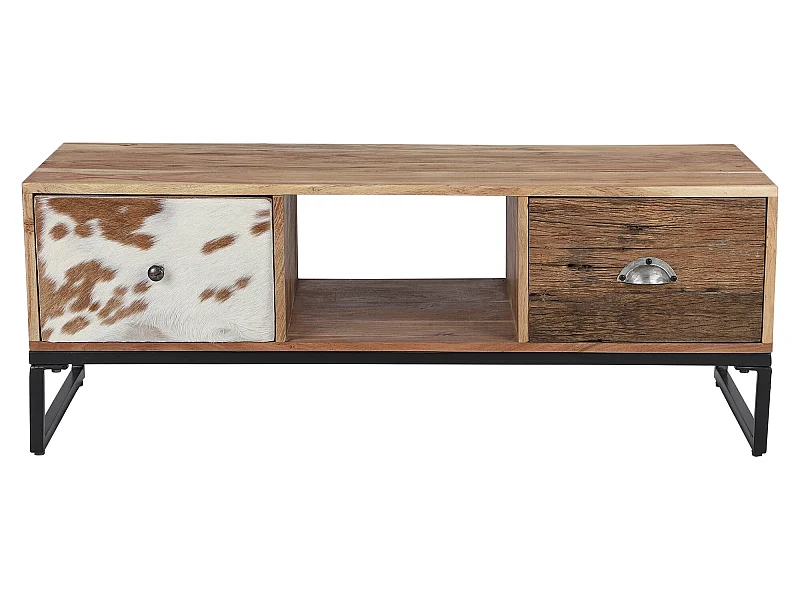 WOMO-DESIGN Mesa central taipei con 2 cajones 110x50x40 cm de madera maciza y cuero, soporte TV salón recibidor, mesita baja auxiliar patas de metal