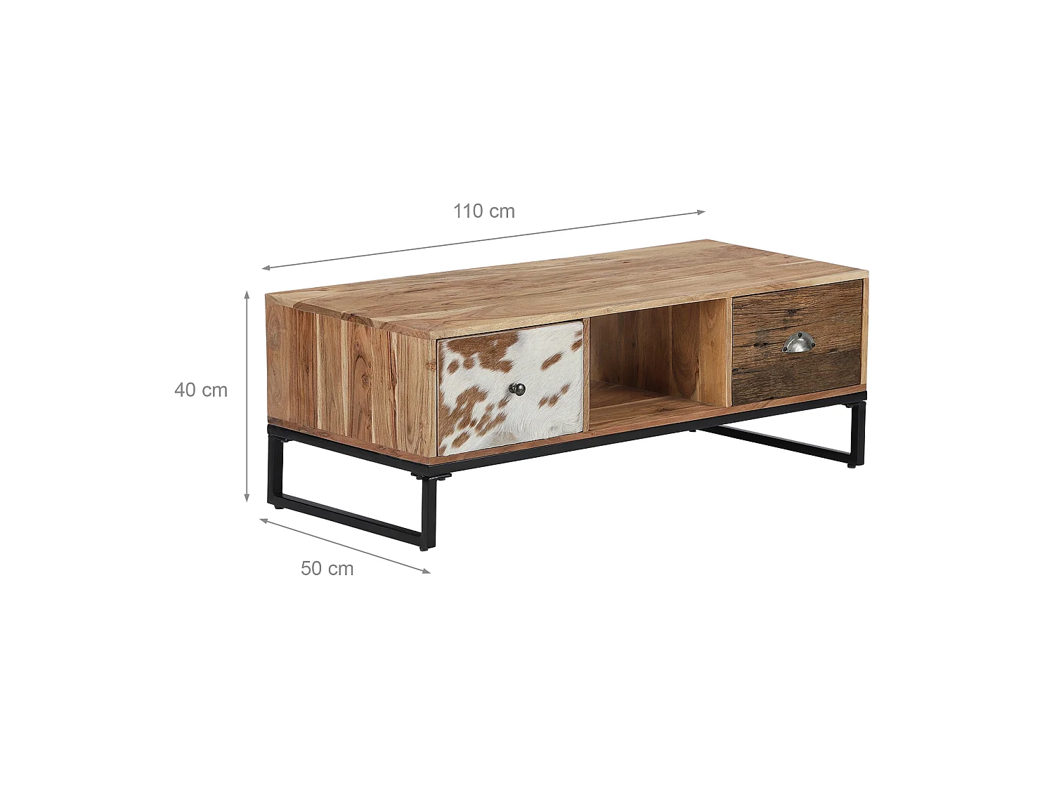 Table basse tv taipei 110x50 cm bois massif d'acacia pieds métalliques design industriel meuble d'appoint television console avec espace de rangement