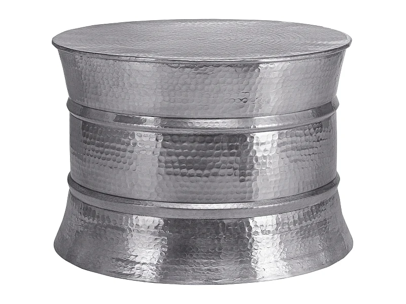 WOMO-DESIGN Mesa auxiliar lateral Ø 62x33 cm mesita redonda de aluminio efecto martillado color plata con almacenaje para salón, hecha a mano