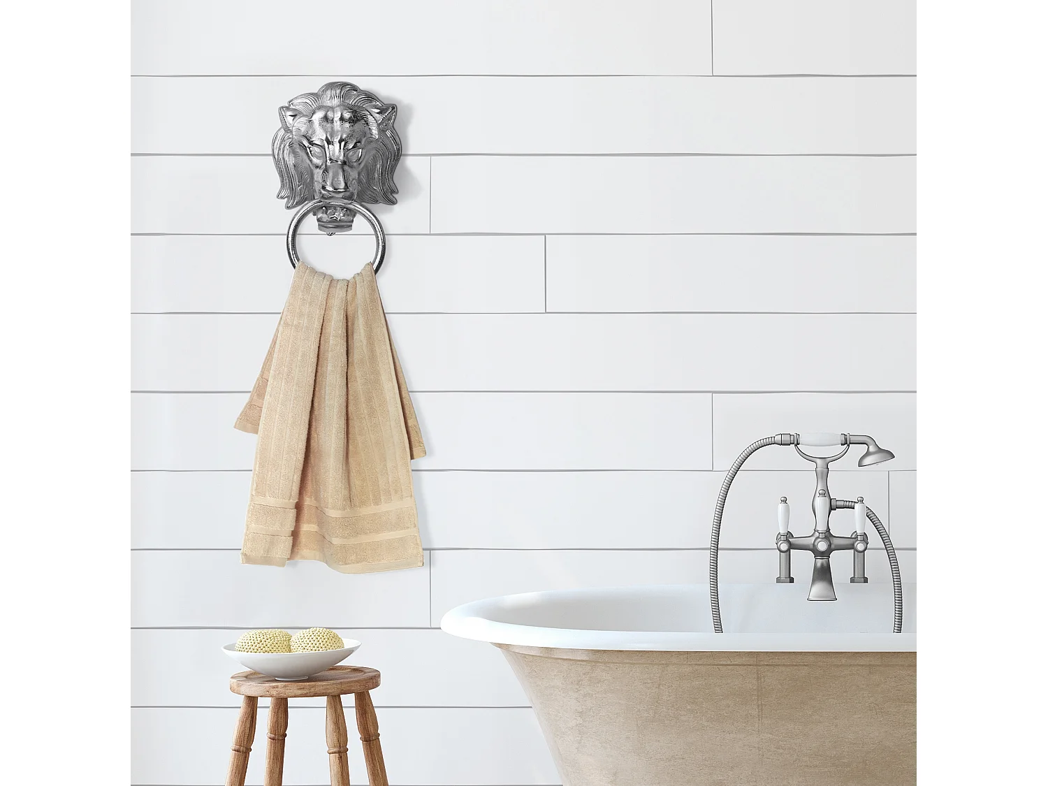 WOMO-DESIGN Toallero anillo cabeza de león 10x31 cm aluminio niquelado plateado, aro decorativo accesorio único estilo aldaba para puerta o baño