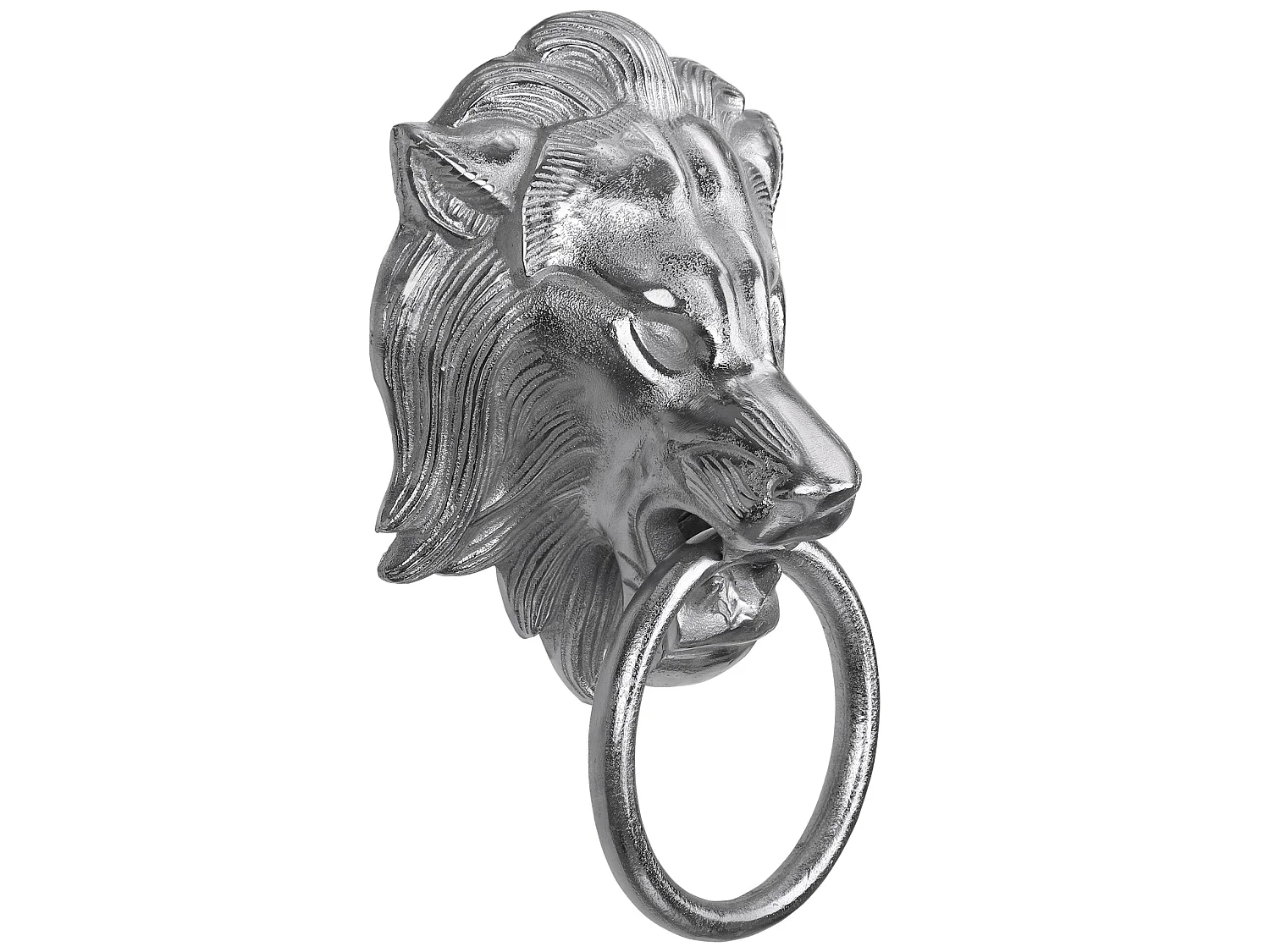 WOMO-DESIGN Toallero anillo cabeza de león 10x31 cm aluminio niquelado plateado, aro decorativo accesorio único estilo aldaba para puerta o baño