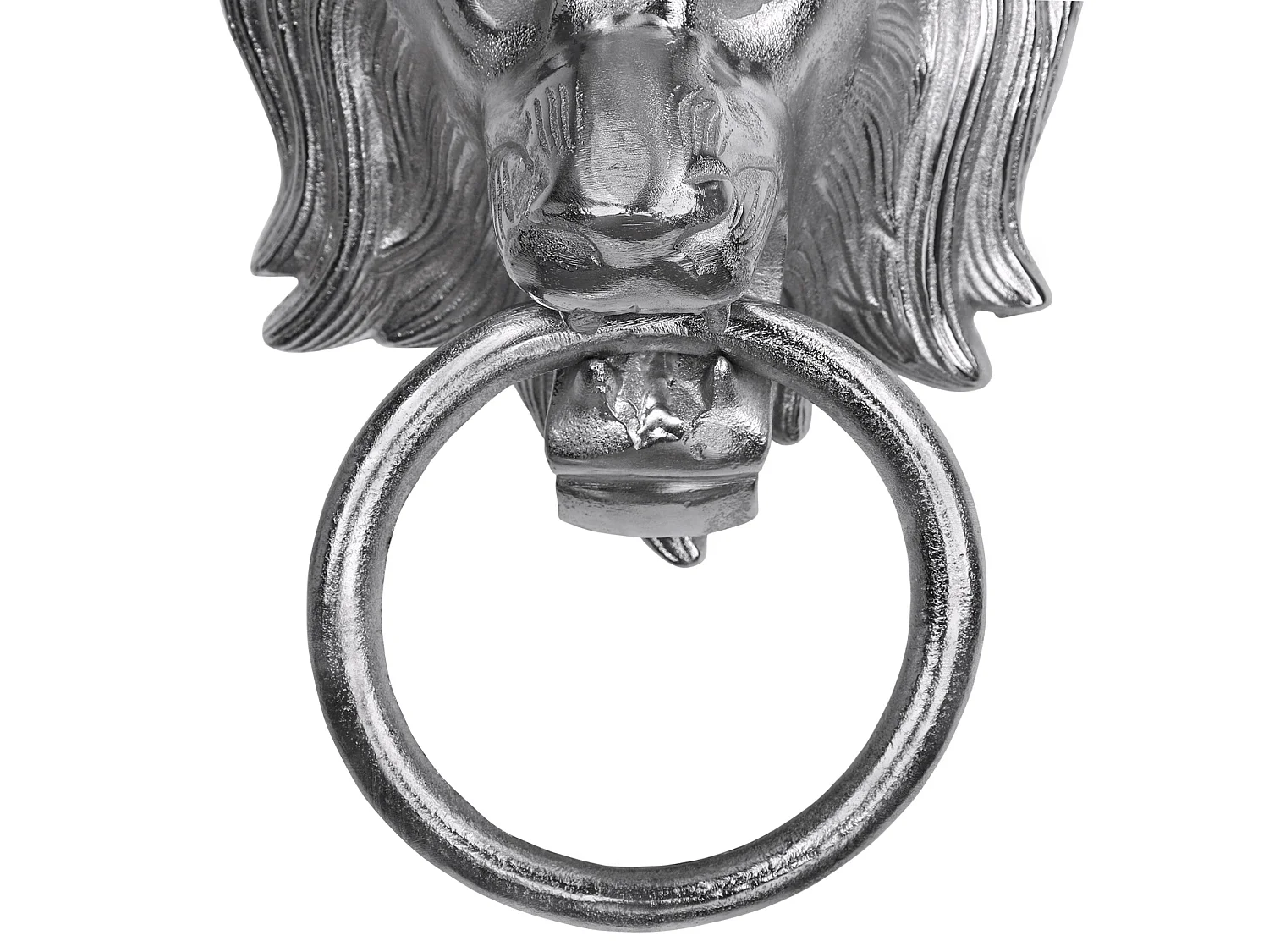 WOMO-DESIGN Toallero anillo cabeza de león 10x31 cm aluminio niquelado plateado, aro decorativo accesorio único estilo aldaba para puerta o baño