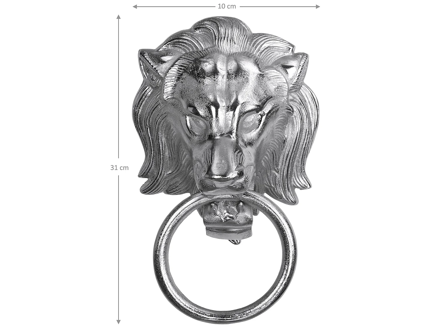 WOMO-DESIGN Toallero anillo cabeza de león 10x31 cm aluminio niquelado plateado, aro decorativo accesorio único estilo aldaba para puerta o baño