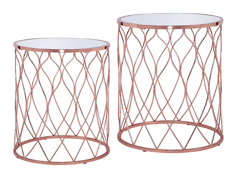 WOMO-DESIGN Set Chicago 2x Mesa auxiliar lateral Ø40/45 cm mesita redonda de cristal espejado y metal color cobre para salón, estilo ligero y aireado