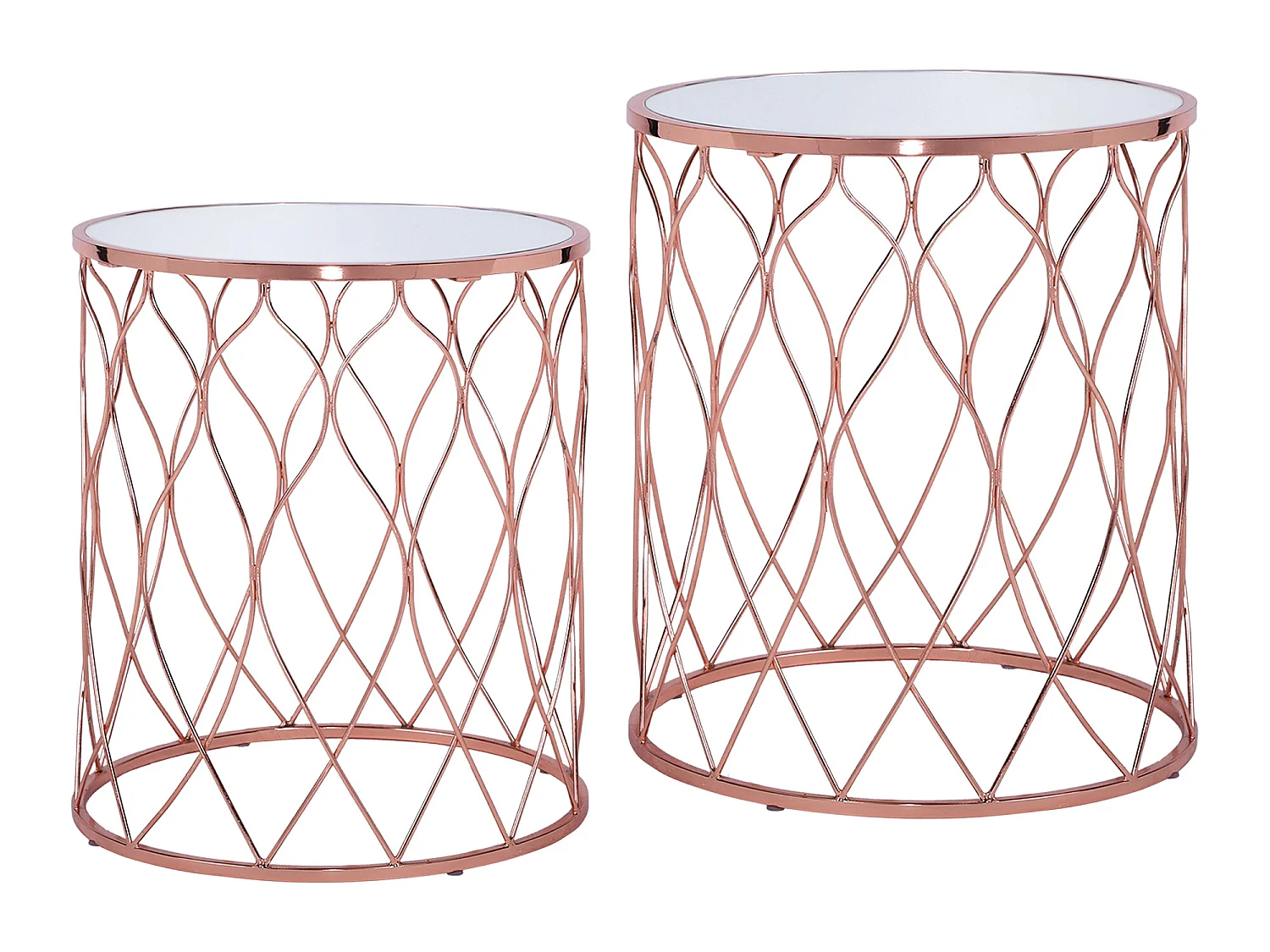 WOMO-DESIGN Set Chicago 2x Mesa auxiliar lateral Ø40/45 cm mesita redonda de cristal espejado y metal color cobre para salón, estilo ligero y aireado