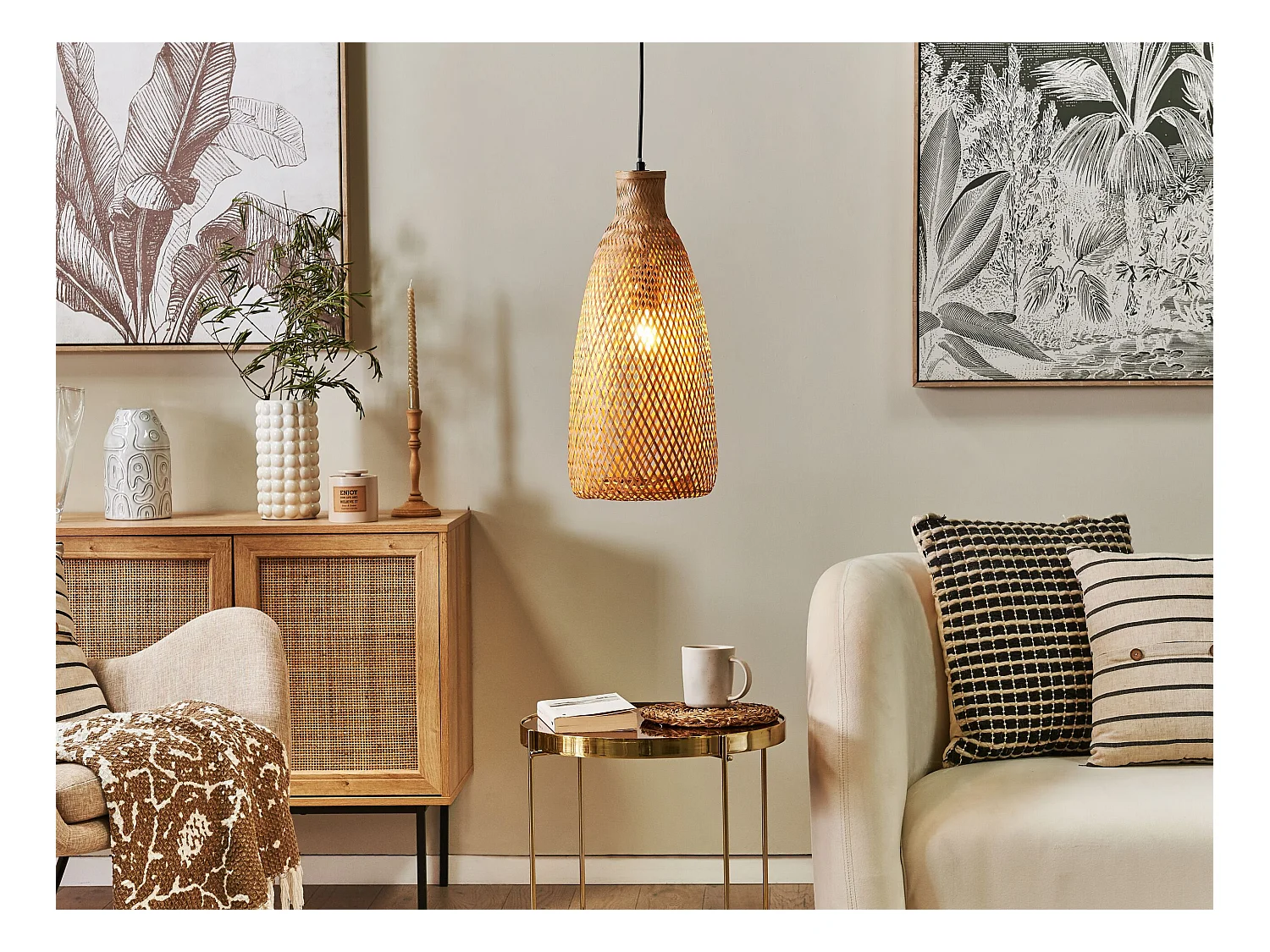 Hängelampe mit Schirm Kegelform Bambusholz hellbraun geflochten Boho Lwela