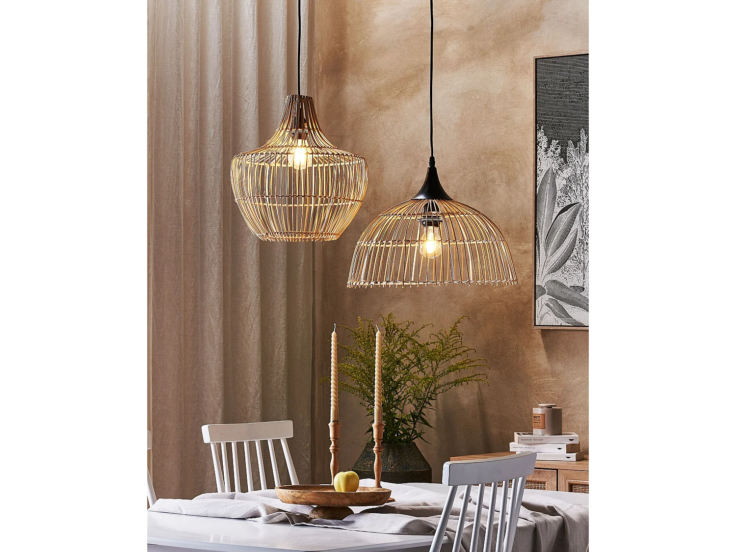 Hängelampe mit rundem Schirm Rattan natürlich beige geflochten Boho Bararis