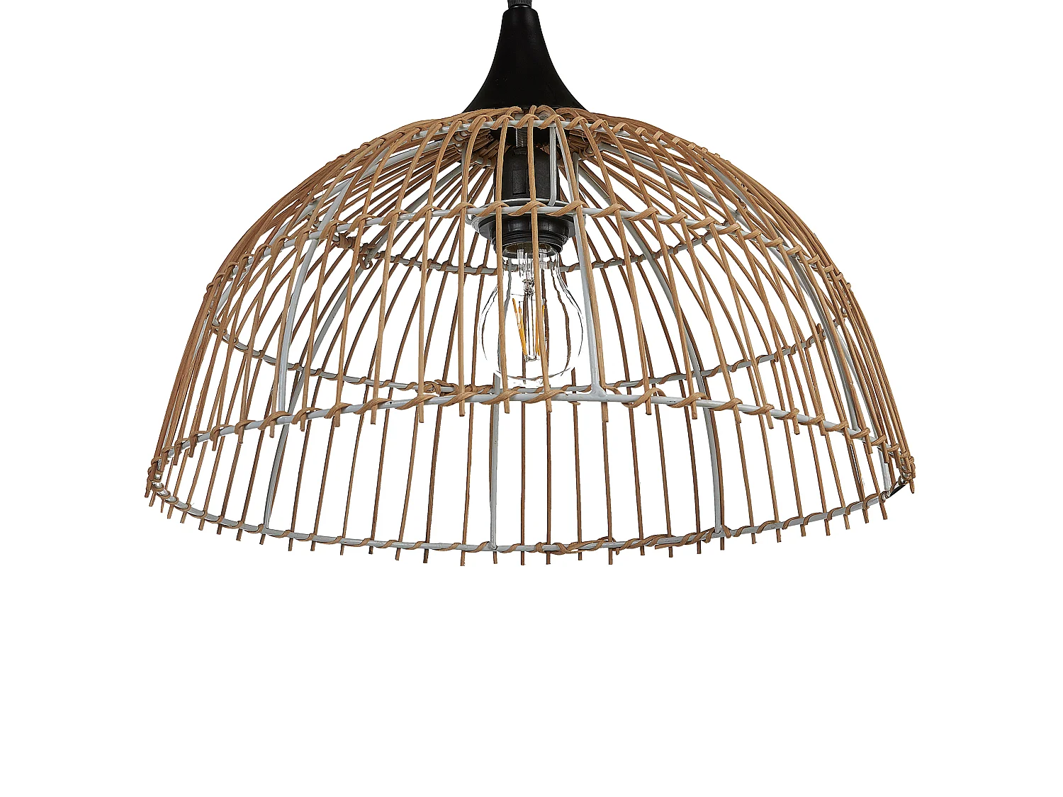 Hängelampe mit rundem Schirm Rattan natürlich beige geflochten Boho Bararis