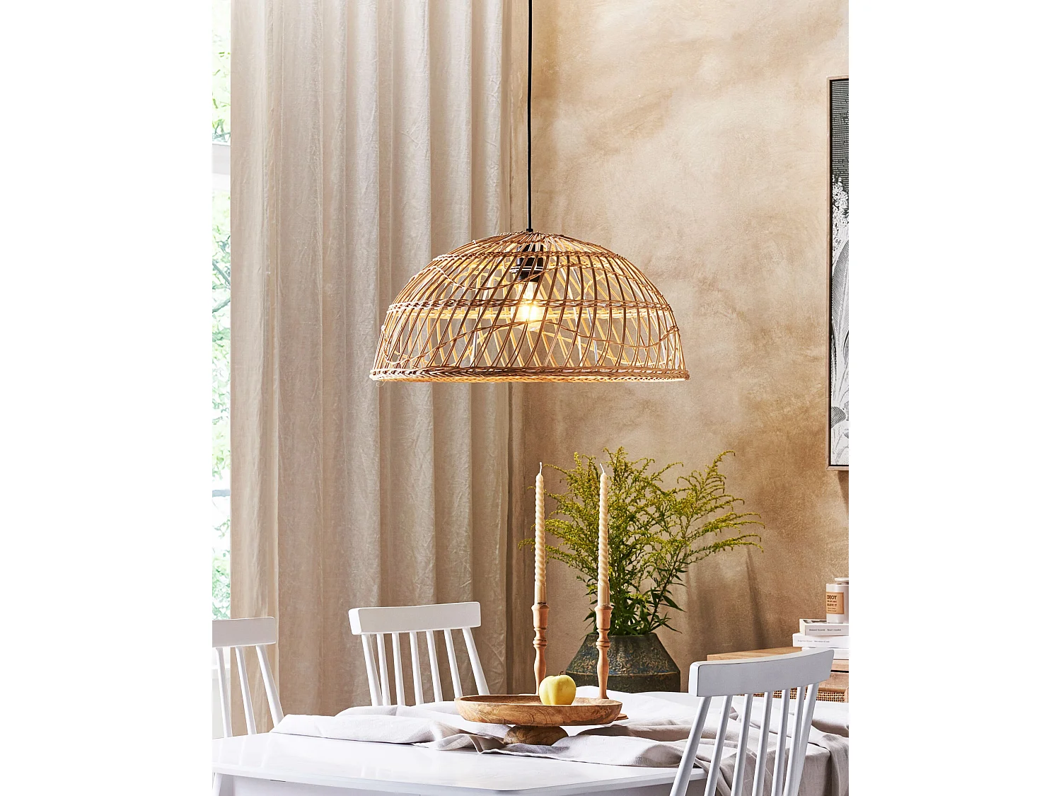 Hängelampe mit rundem Schirm Rattan natürlich beige geflochten Boho Ravine