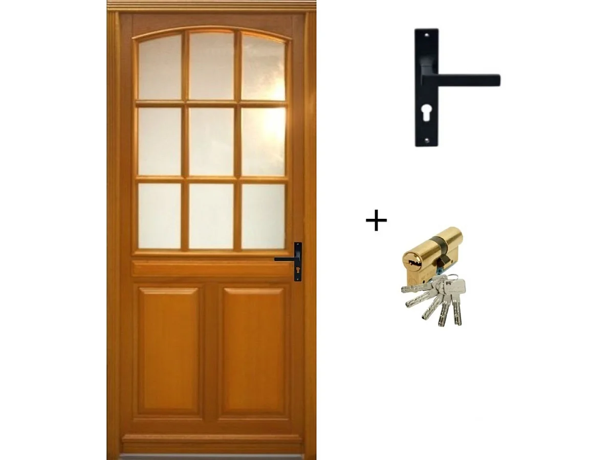 Porte d'entree Bois vitree, Alena, H,215xl,80  p,gauche  + Poignee Et Barillet ( ref 010723NO) Cotes Tableau