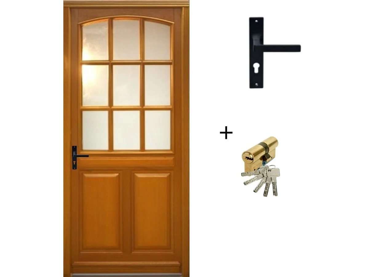 Porte d'entree Bois vitree, Alena, H,215xl,90  p, droit Cote Tableau + Poignee Et Barillet ( ref 010723NO)