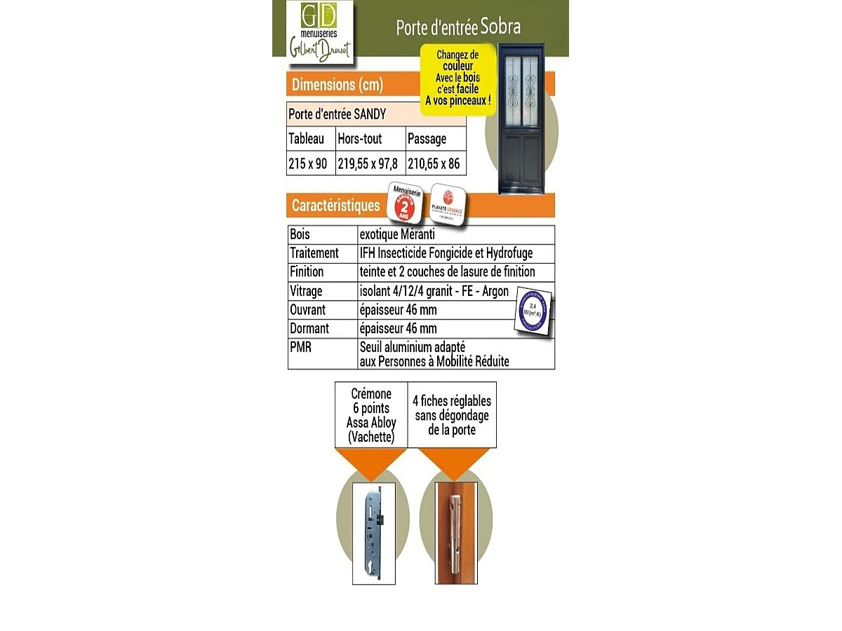Porte d&#039;entree Bois vitree, Sobra, H,215xl,90 p, droit Cote Tableau