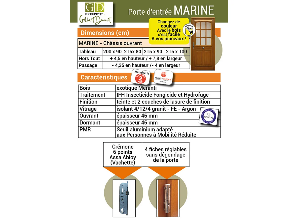 Porte d'entree Bois vitree, Marine, H,200xl,80  p,gauche Cotes Tableau