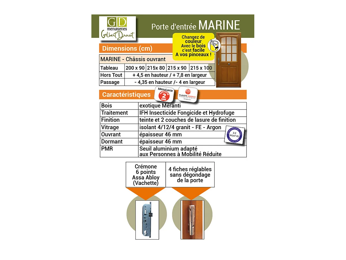 Porte d'entree Bois vitree, Marine, H,200xl,80  p, droit Cotes Tableau