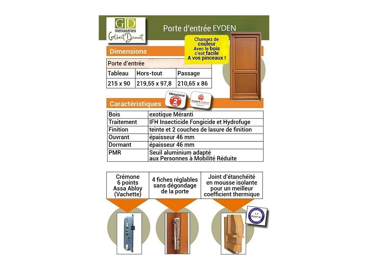 Porte d'entree Bois Pleine, Eyden, H,215xl,90  p,gauche Cote Tableau