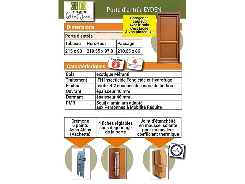 Porte D'entrée Bois Pleine Eyden, H.215xl.90 Côte Tableau P.gauche Gd Menuiseries
