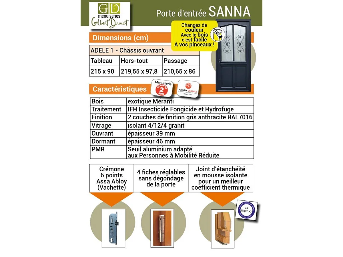 Porte d'entree Bois vitree, Sanna, H,215xl,90 p, droit Cote Tableau + Poignee Et Barillet (ref 010403FP)