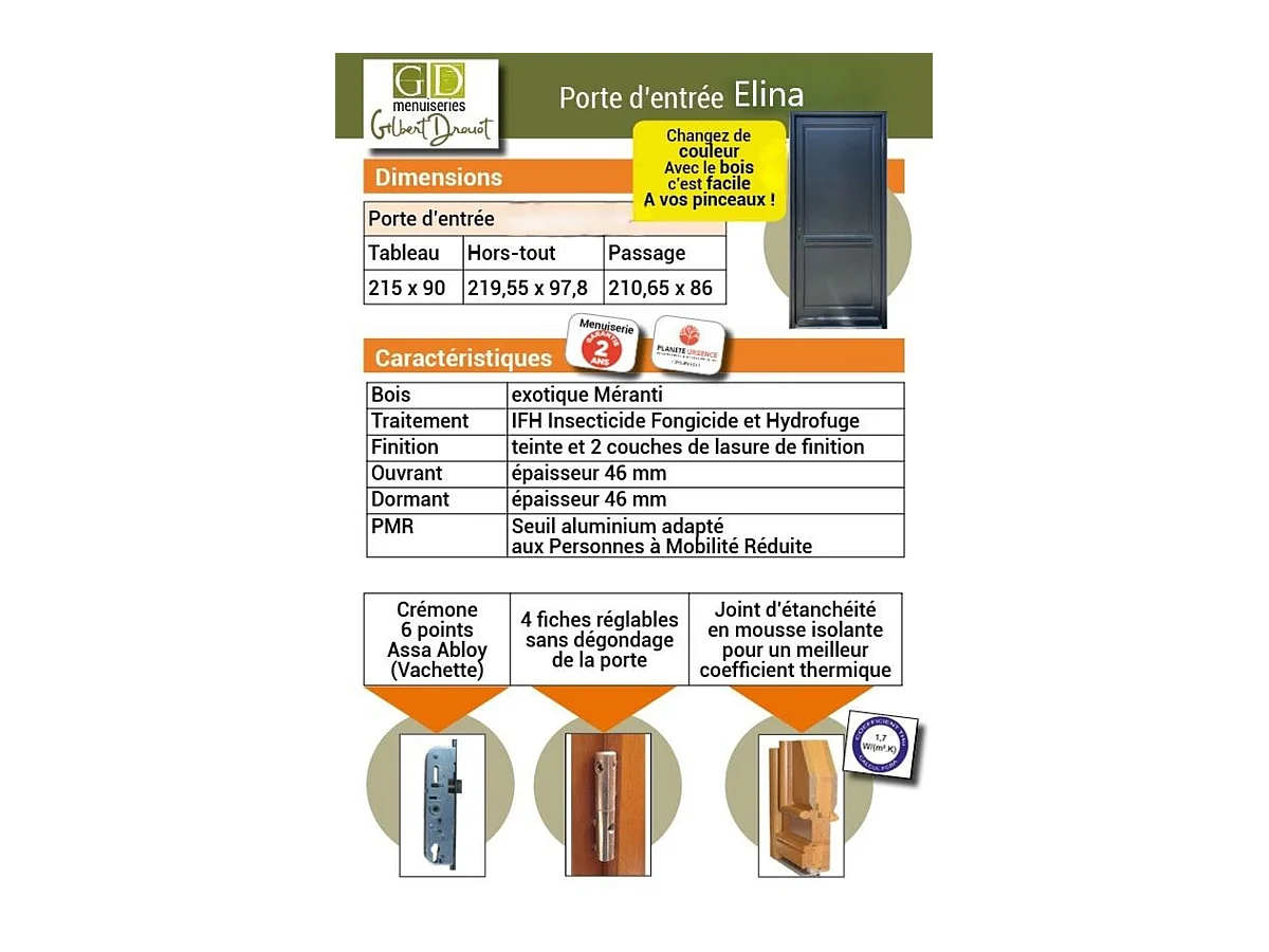 Porte d'entree Bois Pleine, Elina, H,215xl,90  p, droit Cote Tableau