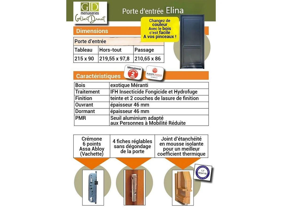 Massief houten voordeur, Elina, H, 215xl, 90 p, links Afmeting tafel