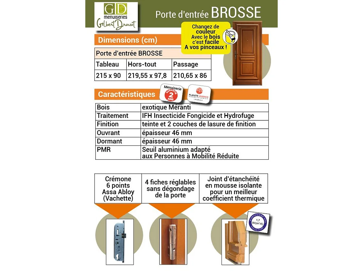 Porte d'entree Bois Pleine, Tahi 1, H,215xl,90  p,gauche  Cotes Tableau