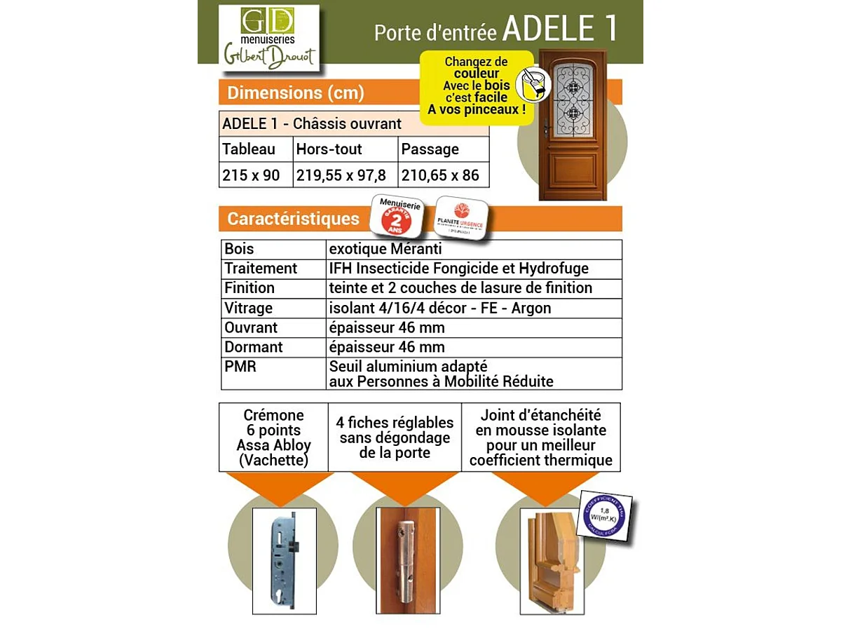 Porte D'entrée Bois Vitrée Adele, H.215xl.90 Côte Tableau P. Gauche Gd Menuiseries