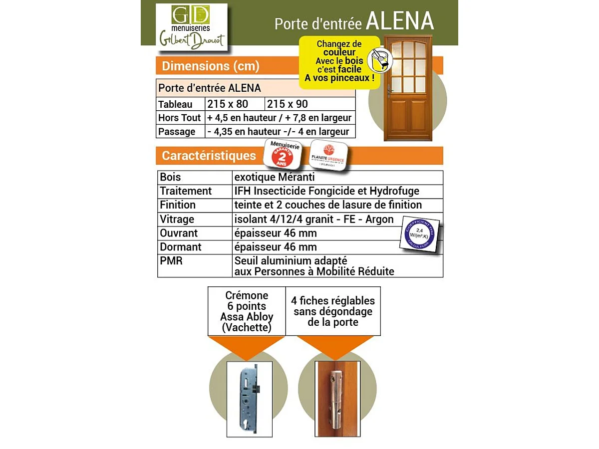 Porte d'entree Bois vitree, Alena, H,215xl,90  p, droit Cotes Tableau