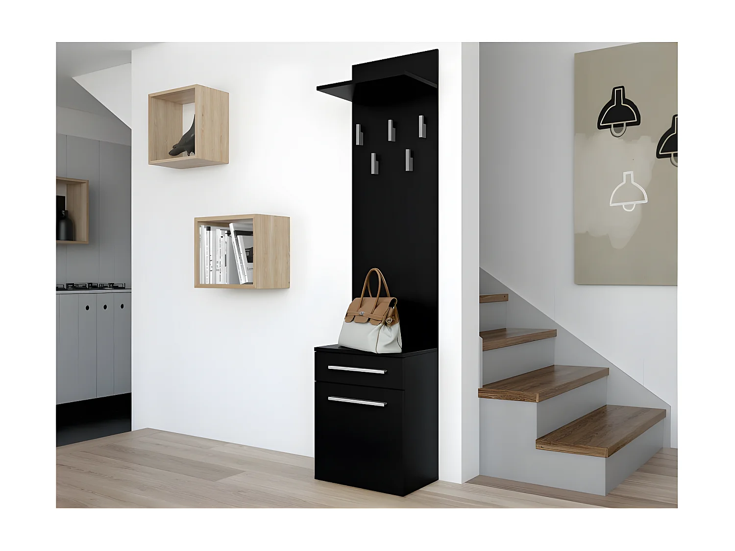 VIONI - Meuble vestiaire d'entrée - Portemanteau mural avec étagère - 5 crochets - Tiroir + meuble de rangement