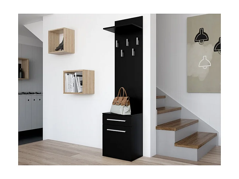 VIONI - Guardarropa de entrada - Perchero de pared con balda - 5 ganchos - Cajón + contenedor