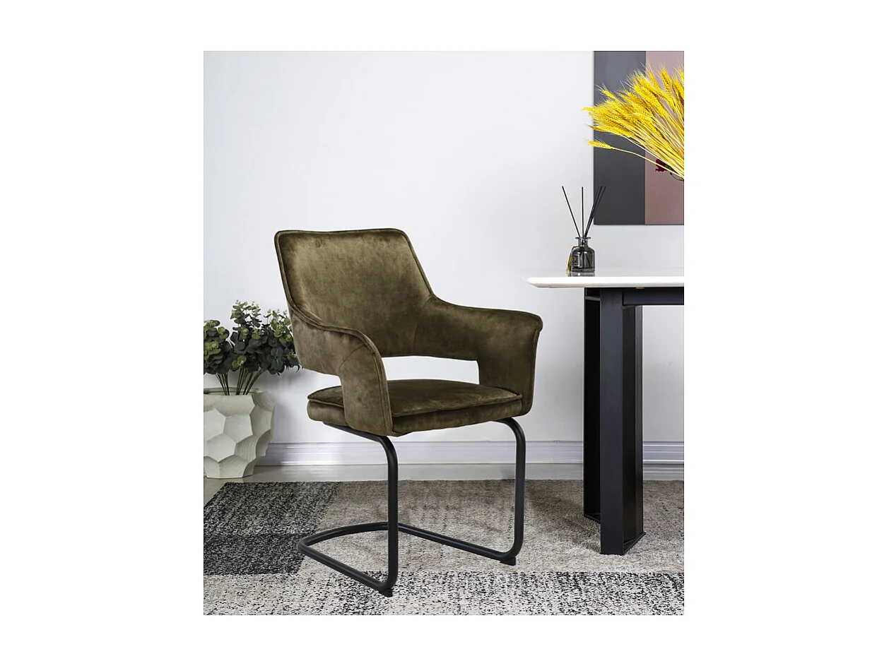 Lot de 2 chaises tissu vert et piétement en métal noir - RIO