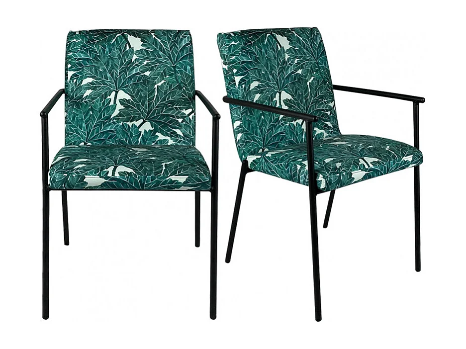 Lot de 2 chaises en tissu vert motif feuilles avec accoudoirs - OFFICE 1708