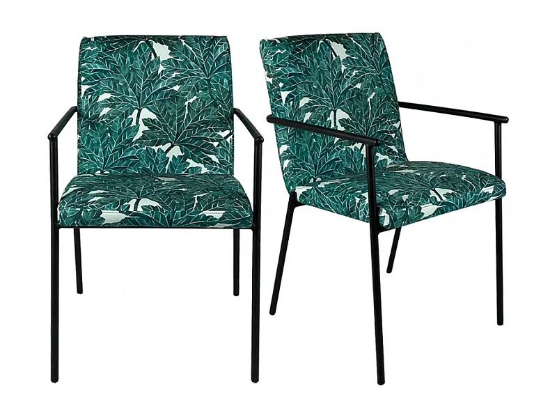 Lot de 2 chaises en tissu vert motif feuilles avec accoudoirs - OFFICE 1708