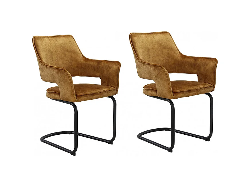 Lot 2 chaises tissu jaune velours piétement luge métal noir - RIO