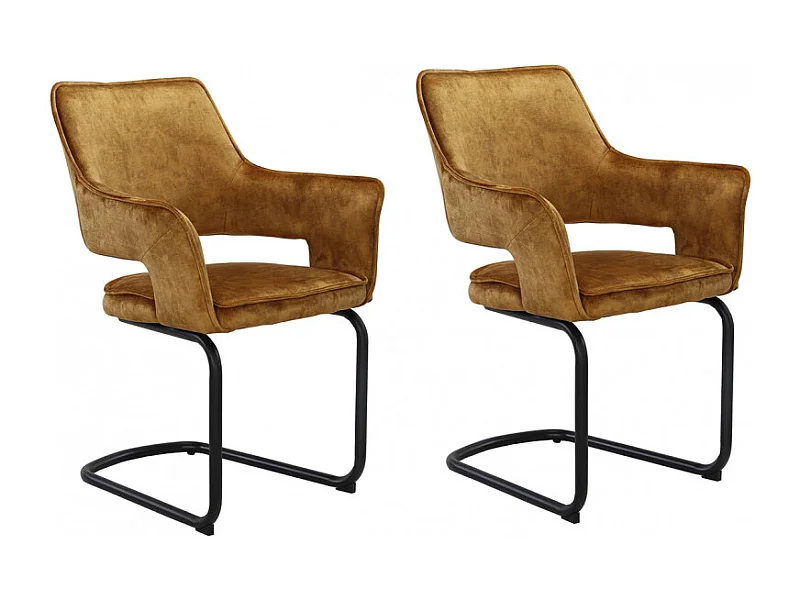 Lot 2 chaises tissu jaune velours piétement luge métal noir - RIO