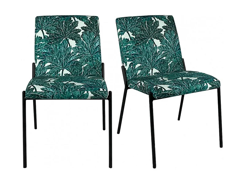Lot 2 chaises vertes tissu motif feuilles pieds métal noir - OFFICE 1685
