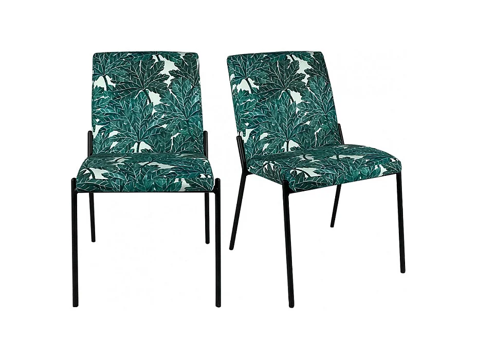 Lot 2 chaises vertes tissu motif feuilles pieds métal noir - OFFICE 1685