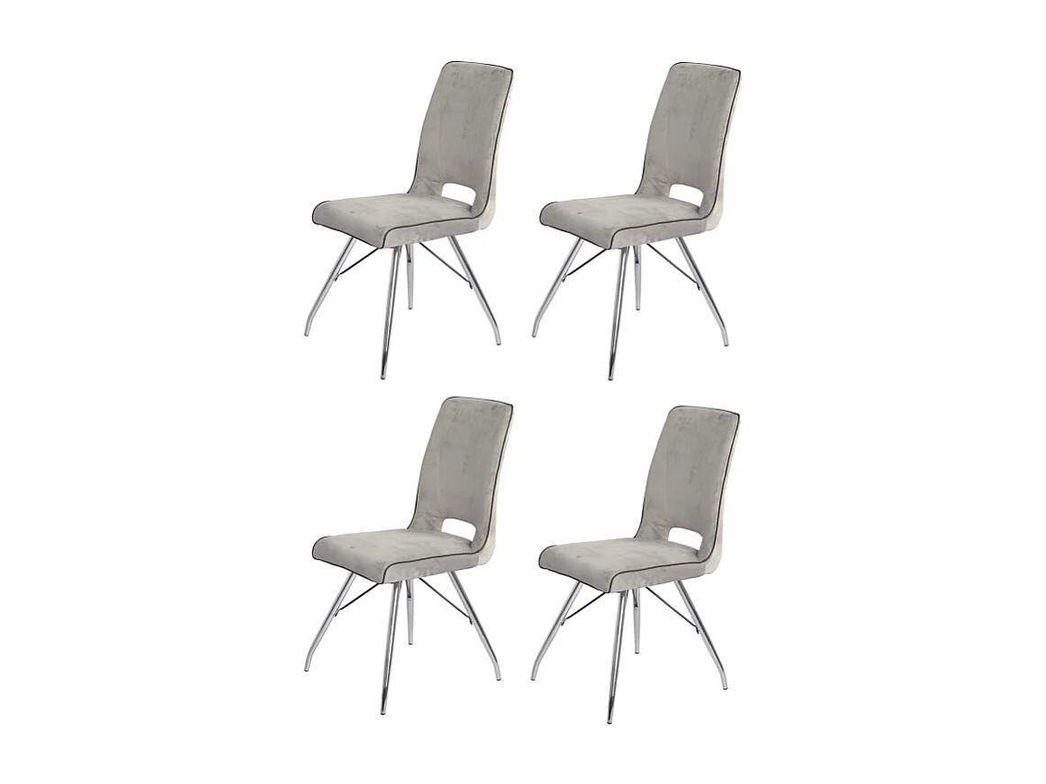 Lot 4 chaises velours gris clair pieds métal chromé - BELLA