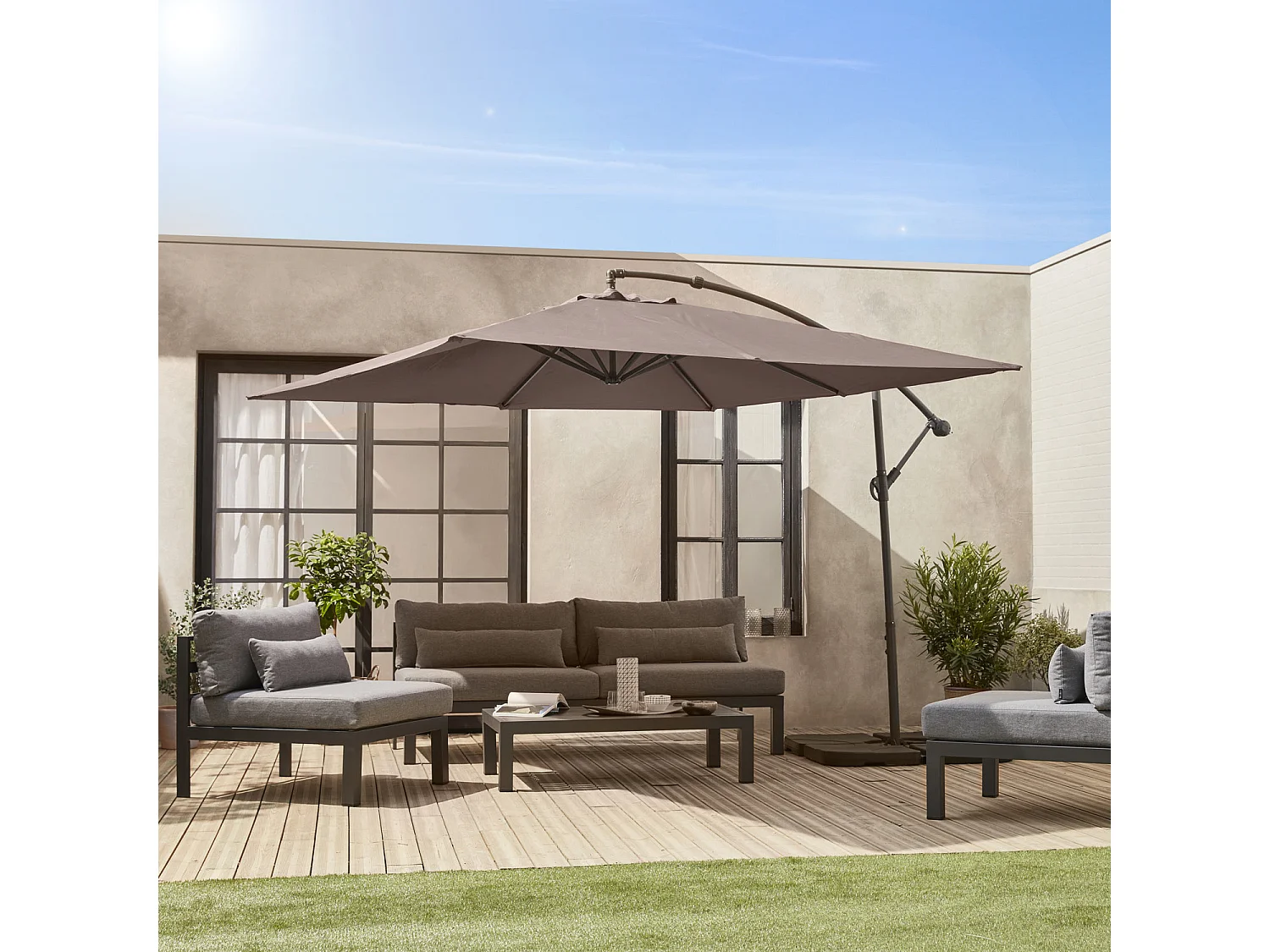 Parasol déporté carré 3x3m - Hardelot 3x3m - Taupe - Manivelle anti-retour | Toile déperlante | Facile à utiliser