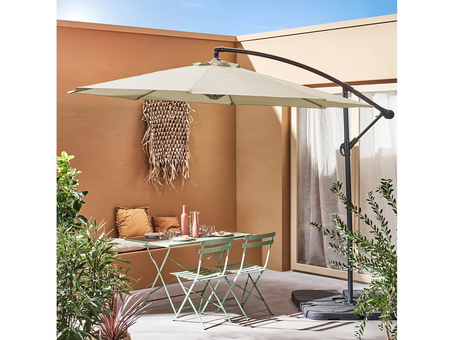 Parasol déporté rond Ø300cm  - Hardelot - Ecru - Manivelle anti-retour | Toile déperlante | Facile à utiliser