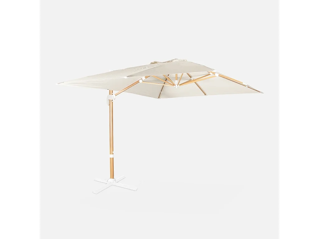 Parasol desplazado rectangular 3x4m, mástil efecto madera. Crudo
