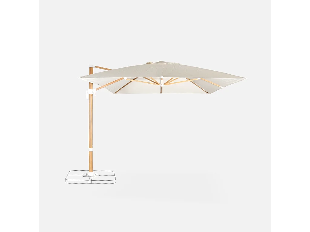 Parasol desplazado rectangular 3x4m, mástil efecto madera. Crudo