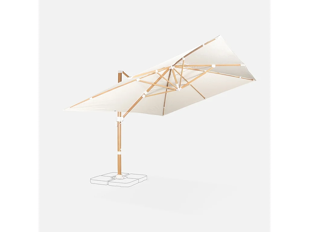Parasol desplazado rectangular 3x4m, mástil efecto madera. Crudo