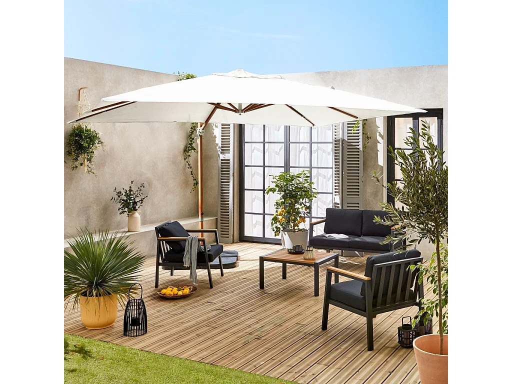 Parasol desplazado rectangular 3x4m, mástil efecto madera. Crudo